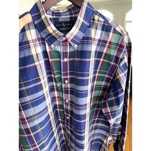 Ralph Lauren Blue Plaid Shirt Embroidered Red Pony Button Dwn Men XXL Custom Fit